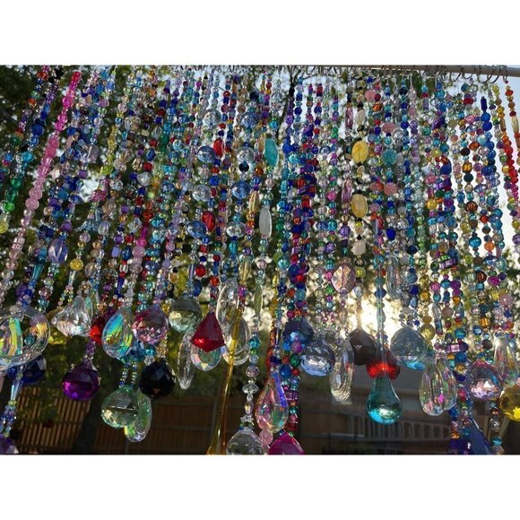 Beaded Suncatcher Bright Multicolored Pink Crystal Prism Hanging Patio Decor - Picture 8 of 9